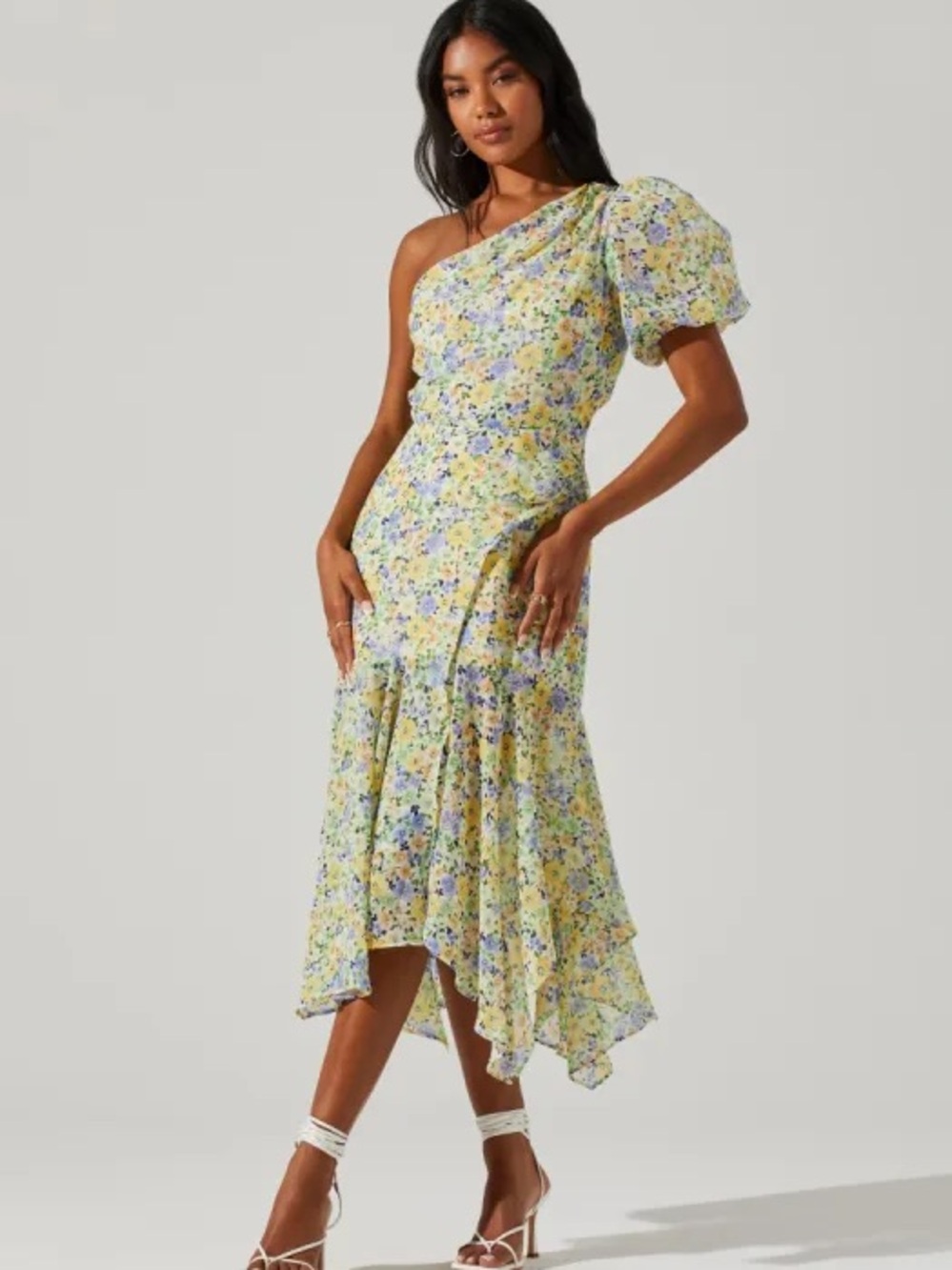 ASTR the Label Santorini One-Shoulder Yellow Floral Puff-Sleeve Midi Dress Small